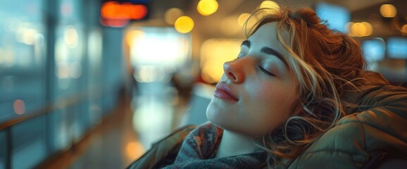 A Woman Relaxing And Sleeping With A Neck Pillow At The Airport Terminal, Awaiting The Flight