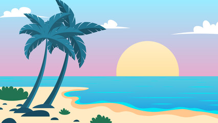 Tropical Sunset with Palm Trees on a Beach. Vector illustration in flat style