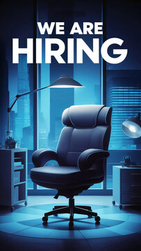 We are hiring jop opportunity poster design modern futuristic minimalistic design with executive luxury chair lamp buildings background