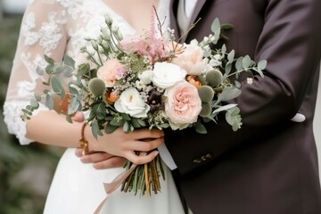 A bride and groom hold a beautiful bouquet of pink, white and peach flowers. The couple is holding hands and the groom is wearing a dark suit.