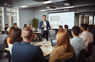 A professional man giving a presentation to a group of people in a modern conference room with a projector screen