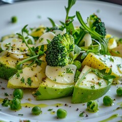 Green salad with avocado, sliced alligator pear or avocado pear, broccoli, rucola, peas and cheese