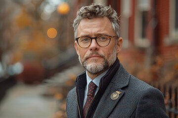 A distinguished middle-aged man with glasses and a beard, wearing a well-tailored suit, stands confidently on a city street with a soft focus background of buildings and autumn foliage