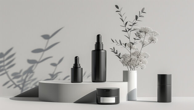 Black and white microstock cosmetics on a light background.