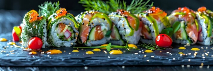 Green Uramaki Sushi Roll, Maki Susi Rolls on Black Slate with Rice, Cream Cheese, Fried Salmon