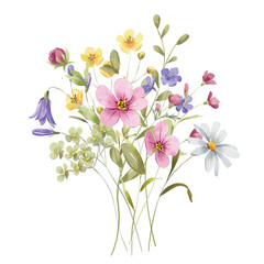 Flowers white camomile, pink and violet wildflowers, leaves, decor for stationary, greetings, etc. Bouquet,  floral digital decoration. Hand drawing.	