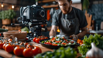 Culinary Vlogger: Sharing a Delicious Recipe on Camera in a Warm Kitchen Ambiance