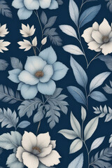 Flowers seamless pattern with blue background for wallpaper design.