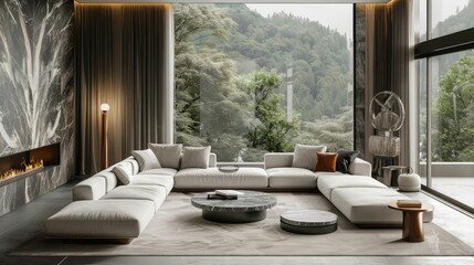 Fototapeta premium Modern Living Room with Mountain View