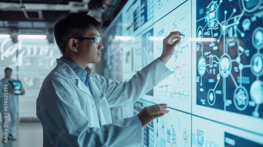 Poster a scientist is utilizing a stateoftheart laboratory to examine data on a touchresponsive digital scr