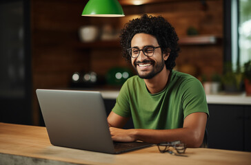 A smiling man in a green shirt works on his laptop in a cozy, well-lit room, capturing the essence of a productive and positive home office environment