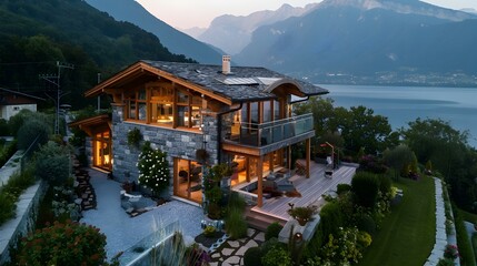 Obraz premium Alpine style house overlooking the lake image