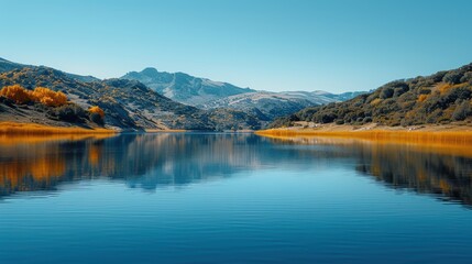 Fototapeta premium An idyllic mountain landscape with crystal clear blue lake surrounded by lush green hills, reflecting the serene sky and picturesque scenery in the tranquil waters