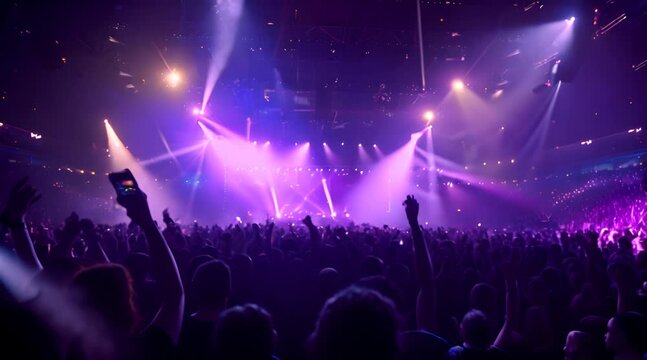 Concert crowd in front of bright stage lights and stage lights, A live event, such as a concert or halftime show, taking place at a sports stadium