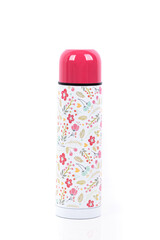 Vacuum insulated water bottle portable thermos for hot and cold drinks for travel and hiking. White color with flowers pattern  vacuum thermos, isolated on white background.