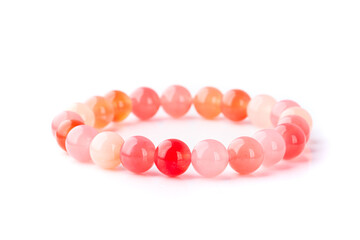 Handmade beaded Quartz gemstone bracelet isolated on white background.
Energy crystals, healing stone jewelry. Handmade accessories. Birthstones. 
