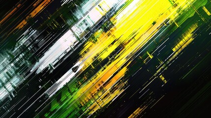Abstract colorful glitch art background with vibrant yellow green and white lines on a black canvas