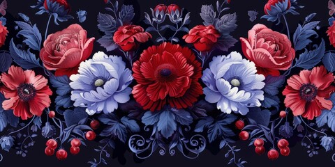 Red And Blue Flowers On A Dark Background