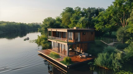 Fototapeta premium Modular house on the river bank image