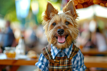 A joyful Yorkshire Terrier in a Bavarian outfit, posing happily at an Oktoberfest celebration. The dog’s bright expression and festive attire capture the lively spirit of the festival.
