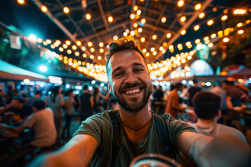 Fototapeta premium A man taking a selfie at an Oktoberfest celebration, surrounded by festive lights and happy people. His wide smile and the lively atmosphere highlight the fun and excitement of the event.