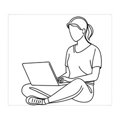 A girl sitting with laptop line art illustration