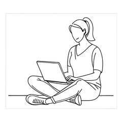 A woman Sitting on the ground and browsing a laptop line art illustration