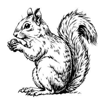 Sketch of a squirrel with a bushy tail, side view, on a white background