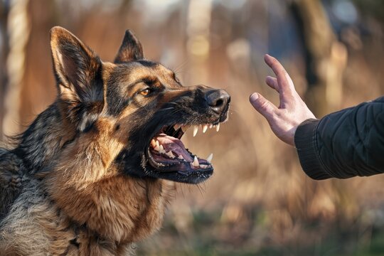 Aggressive dog bites, german shepherd attacks a man and bites his hand, training pets, rabid animals
