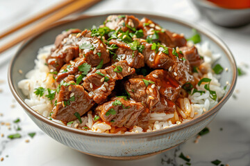 Fototapeta premium A Close-Up View of a Bowl of Savory Asian-Style Beef and Rice