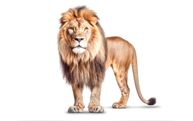 A lion stands in front of a white background.