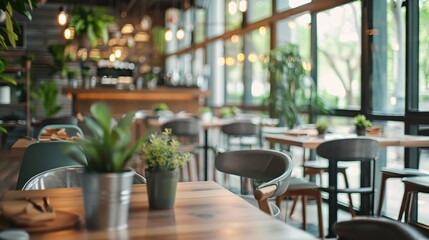 Fototapeta premium Contemporary Empty Restaurant Interior with Stylish Decor and Copy Space for Text