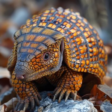 A close-up image of an Armadillo girdled lizard (Ouroborus cataphractus) displaying its distinctive orange and yellow scales while resting on a rocky terrain