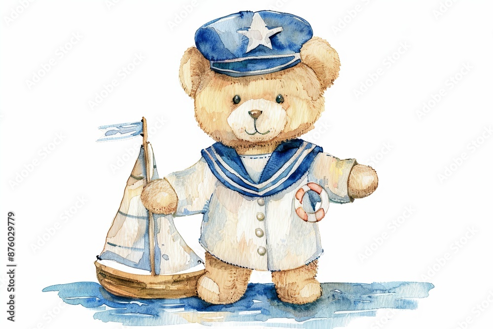 Poster A teddy bear is dressed as a sailor and holding a small boat