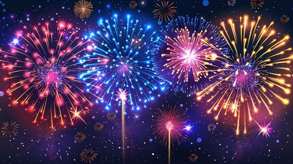 Burst of Colorful Fireworks Illuminating the Night Sky with Copy Space.
