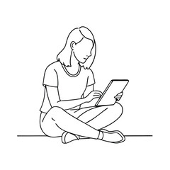 A woman sitting on the ground with notepad vector line art illustration
