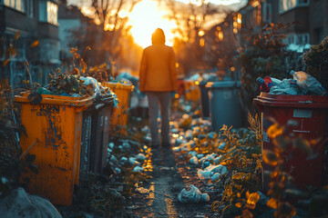 Obraz premium A person collecting recyclables from trash cans, depicting the struggle to make ends meet.At sunset, a person strolls through a dirty area with garbage containers nearby