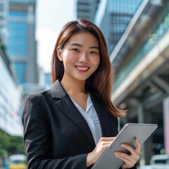 Asian business woman leader entrepreneur, smiling young professional manager holding digital tablet