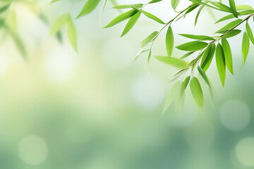 Obraz premium Green bamboo leaves background for creative banner with copyspace, green plant background, tropical leaves background, Generative AI