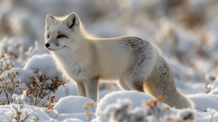 Arctic Fox in the Snow- An Arctic fox stands alert in the snowy landscape of the far north