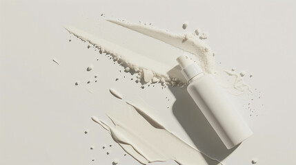 a cosmetic bottle lies sideways on spilled, skincare package design 