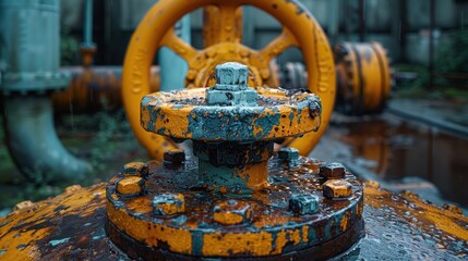 Fototapeta premium Corroded industrial valve with rust and peeling paint in an outdoor setting captured on a rainy day, showcasing the effects of weather and time on mechanical equipment