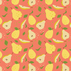 Abstract pear pattern in flat style. Fresh, delicious fruit seamless pattern. Vector background. Summer freshness for health. For background, juice, ice cream or packaging.