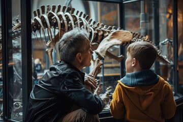 Dad and boy watching dinosaur skeleton in museum