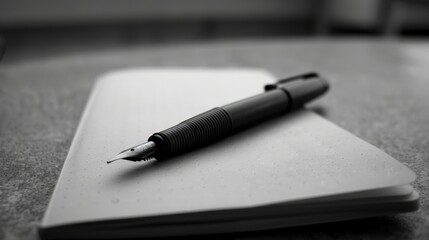 Fototapeta premium A dark pen resting on a blank notebook