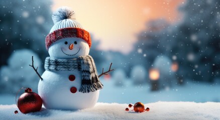 A friendly snowman with a red hat and scarf standing in a snowy winter landscape.