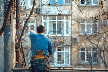 Old windows restoration, vintage houses repair, professional repairman at work, installing