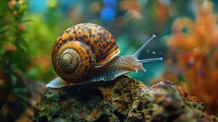 A snail moves leisurely on aquarium glass to feed on algae