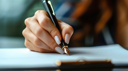 A woman s hand with an elegant pen writing on a sheet of paper High quality image