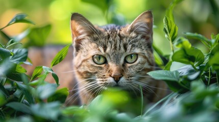 A wild feline with green eyes rests in the greenery